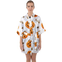 Funny Spooky Halloween Pumpkins Pattern White Orange Quarter Sleeve Kimono Robe by HalloweenParty