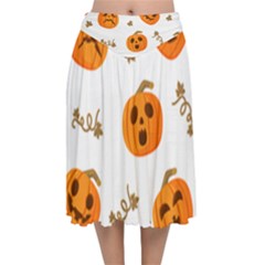 Funny Spooky Halloween Pumpkins Pattern White Orange Velvet Flared Midi Skirt by HalloweenParty