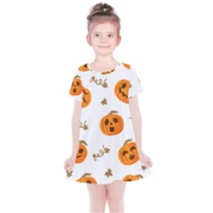 Funny Spooky Halloween Pumpkins Pattern White Orange Kids  Simple Cotton Dress by HalloweenParty