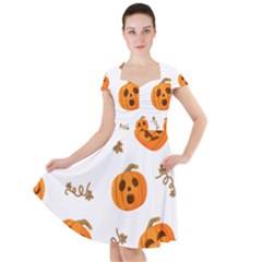 Funny Spooky Halloween Pumpkins Pattern White Orange Cap Sleeve Midi Dress by HalloweenParty