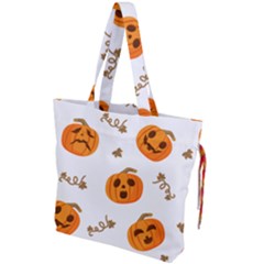 Funny Spooky Halloween Pumpkins Pattern White Orange Drawstring Tote Bag by HalloweenParty