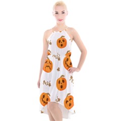 Funny Spooky Halloween Pumpkins Pattern White Orange High-low Halter Chiffon Dress 