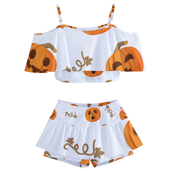 Funny Spooky Halloween Pumpkins Pattern White Orange Kids  Off Shoulder Skirt Bikini