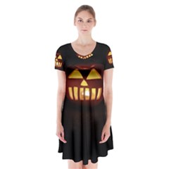 Funny Spooky Scary Halloween Pumpkin Jack O Lantern Short Sleeve V-neck Flare Dress