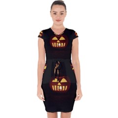 Funny Spooky Scary Halloween Pumpkin Jack O Lantern Capsleeve Drawstring Dress  by HalloweenParty