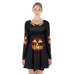 Funny Spooky Scary Halloween Pumpkin Jack O Lantern Long Sleeve Velvet V-neck Dress