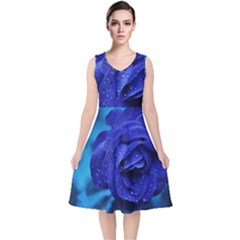 Beauty Bloom Blue 67636 V-Neck Midi Sleeveless Dress 