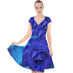 Beauty Bloom Blue 67636 Cap Sleeve Front Wrap Midi Dress