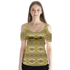 Golden Ornate Pattern Butterfly Sleeve Cutout Tee 