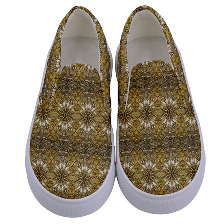 Golden Ornate Pattern Kids  Canvas Slip Ons