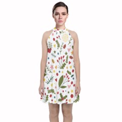 Floral Christmas Pattern  Velvet Halter Neckline Dress  by Valentinaart