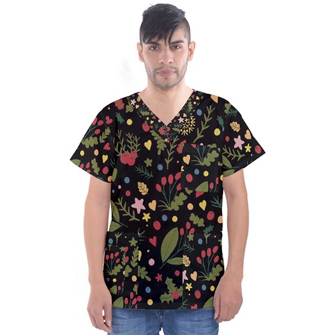 Floral Christmas Pattern  Men s V-neck Scrub Top by Valentinaart