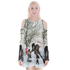 Christmas, Cute Bird With Horse Velvet Long Sleeve Shoulder Cutout Dress by FantasyWorld7