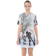 Christmas, Cute Bird With Horse Sixties Short Sleeve Mini Dress by FantasyWorld7