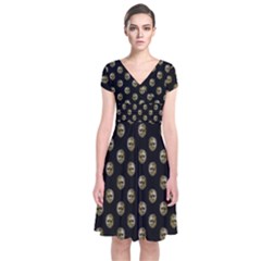 Venetian Mask Motif Pattern 1 Short Sleeve Front Wrap Dress