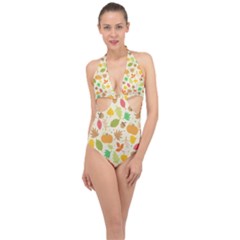 Thanksgiving Pattern Halter Front Plunge Swimsuit