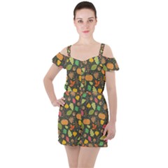 Thanksgiving pattern Ruffle Cut Out Chiffon Playsuit