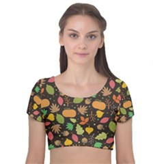 Thanksgiving Pattern Velvet Short Sleeve Crop Top 