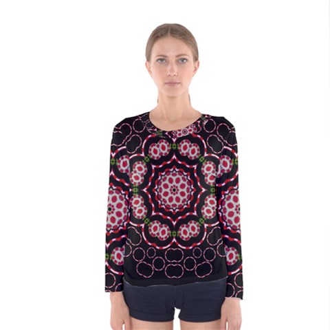 Fantasy Flowers Ornate And Polka Dots Landscape Women s Long Sleeve Tee by pepitasart