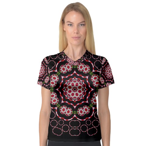 Fantasy Flowers Ornate And Polka Dots Landscape V-neck Sport Mesh Tee by pepitasart