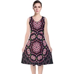 Fantasy Flowers Ornate And Polka Dots Landscape V-neck Midi Sleeveless Dress 