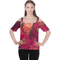 Peach And Pink Zinnias Cutout Shoulder Tee