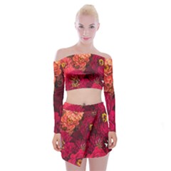 Peach And Pink Zinnias Off Shoulder Top With Mini Skirt Set