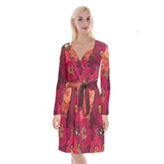 Peach And Pink Zinnias Long Sleeve Velvet Front Wrap Dress