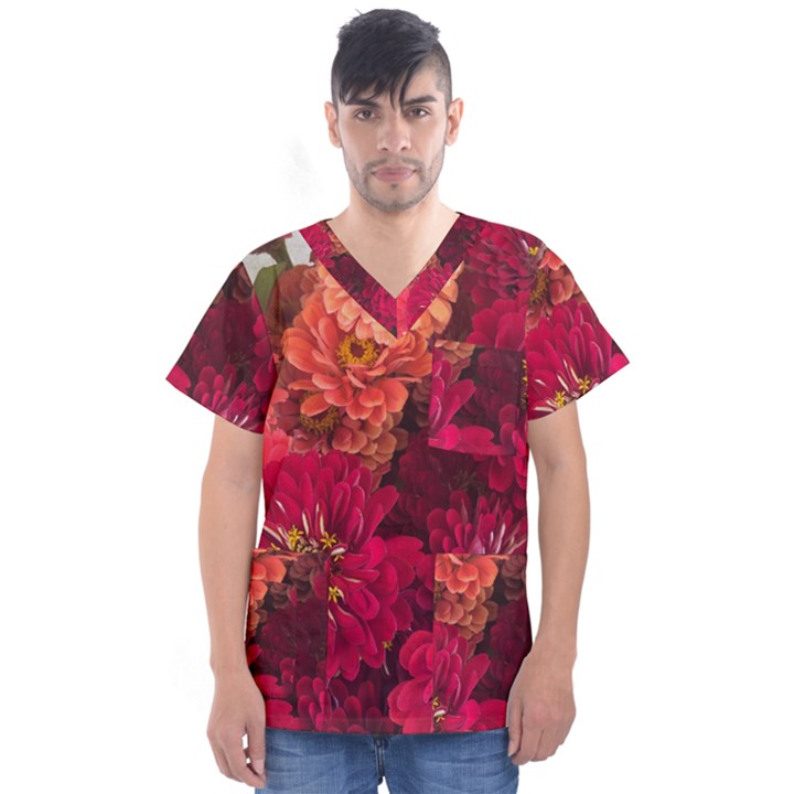 Peach and Pink Zinnias Men s V-Neck Scrub Top