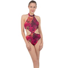 Peach And Pink Zinnias Halter Side Cut Swimsuit