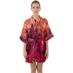 Peach And Pink Zinnias Quarter Sleeve Kimono Robe