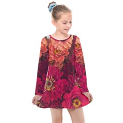 Peach And Pink Zinnias Kids  Long Sleeve Dress