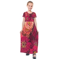 Peach And Pink Zinnias Kids  Short Sleeve Maxi Dress