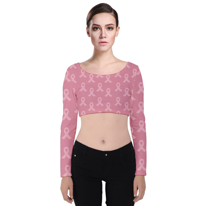 Pink Ribbon - breast cancer awareness month Velvet Long Sleeve Crop Top