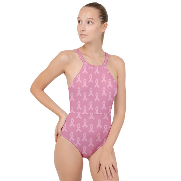 Pink Ribbon - breast cancer awareness month High Neck One Piece Swimsuit