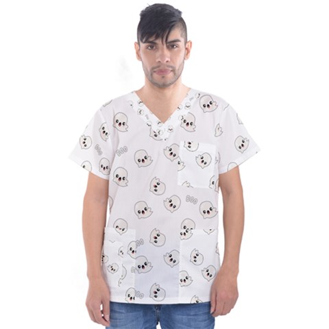 Cute Kawaii Ghost Pattern Men s V-neck Scrub Top by Valentinaart