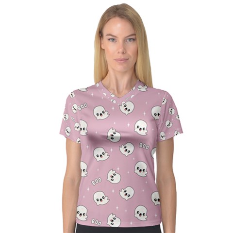 Cute Kawaii Ghost Pattern V-neck Sport Mesh Tee by Valentinaart