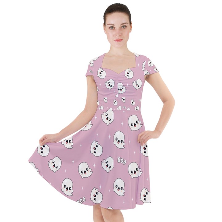 Cute Kawaii Ghost pattern Cap Sleeve Midi Dress