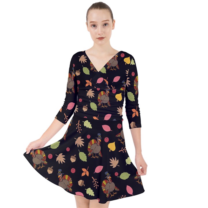 Thanksgiving Turkey pattern Quarter Sleeve Front Wrap Dress