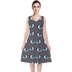 Blue Eyes Pattern V-neck Midi Sleeveless Dress 