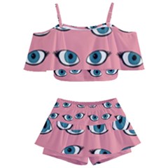 Blue Eyes Pattern Kids  Off Shoulder Skirt Bikini by Valentinaart