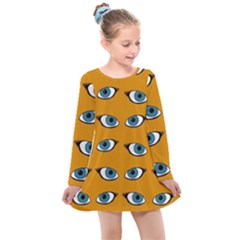 Blue Eyes Pattern Kids  Long Sleeve Dress by Valentinaart