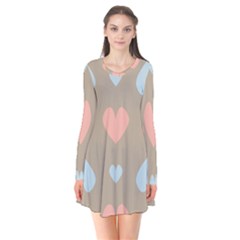 Hearts Heart Love Romantic Brown Long Sleeve V-neck Flare Dress by Sapixe