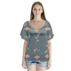 Florets Roses Rose Flowers Flower V-neck Flutter Sleeve Top by Sapixe