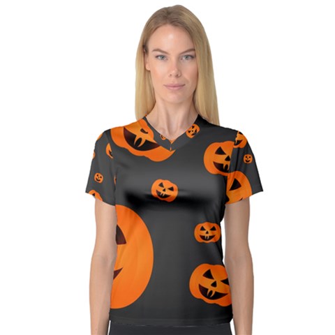 Halloween Pumpkin Autumn Fall V-neck Sport Mesh Tee by Sapixe