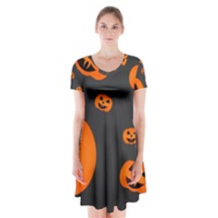 Halloween Pumpkin Autumn Fall Short Sleeve V-neck Flare Dress by Sapixe