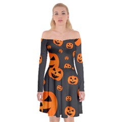 Halloween Pumpkin Autumn Fall Off Shoulder Skater Dress by Sapixe