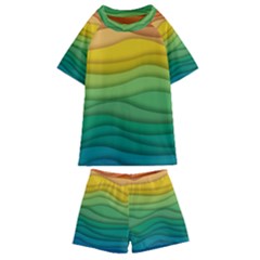 Background Waves Wave Texture Kids  Swim Tee And Shorts Set by Sapixe