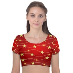 Stars Background Christmas Decoration Velvet Short Sleeve Crop Top  by Sapixe