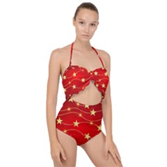 Stars Background Christmas Decoration Scallop Top Cut Out Swimsuit by Sapixe